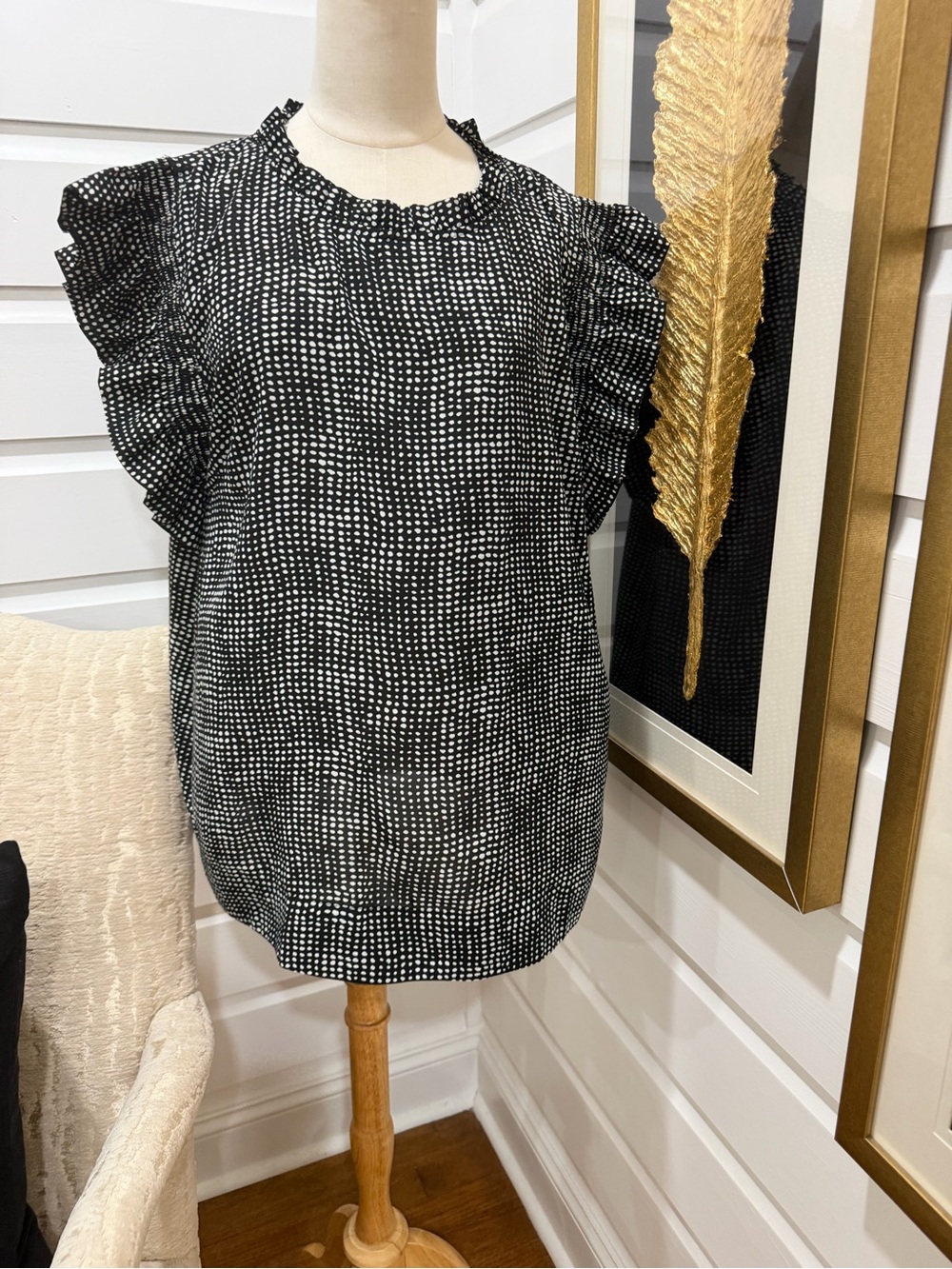 JODIFL Black and White Dotted Ruffle Sleeve Blouse